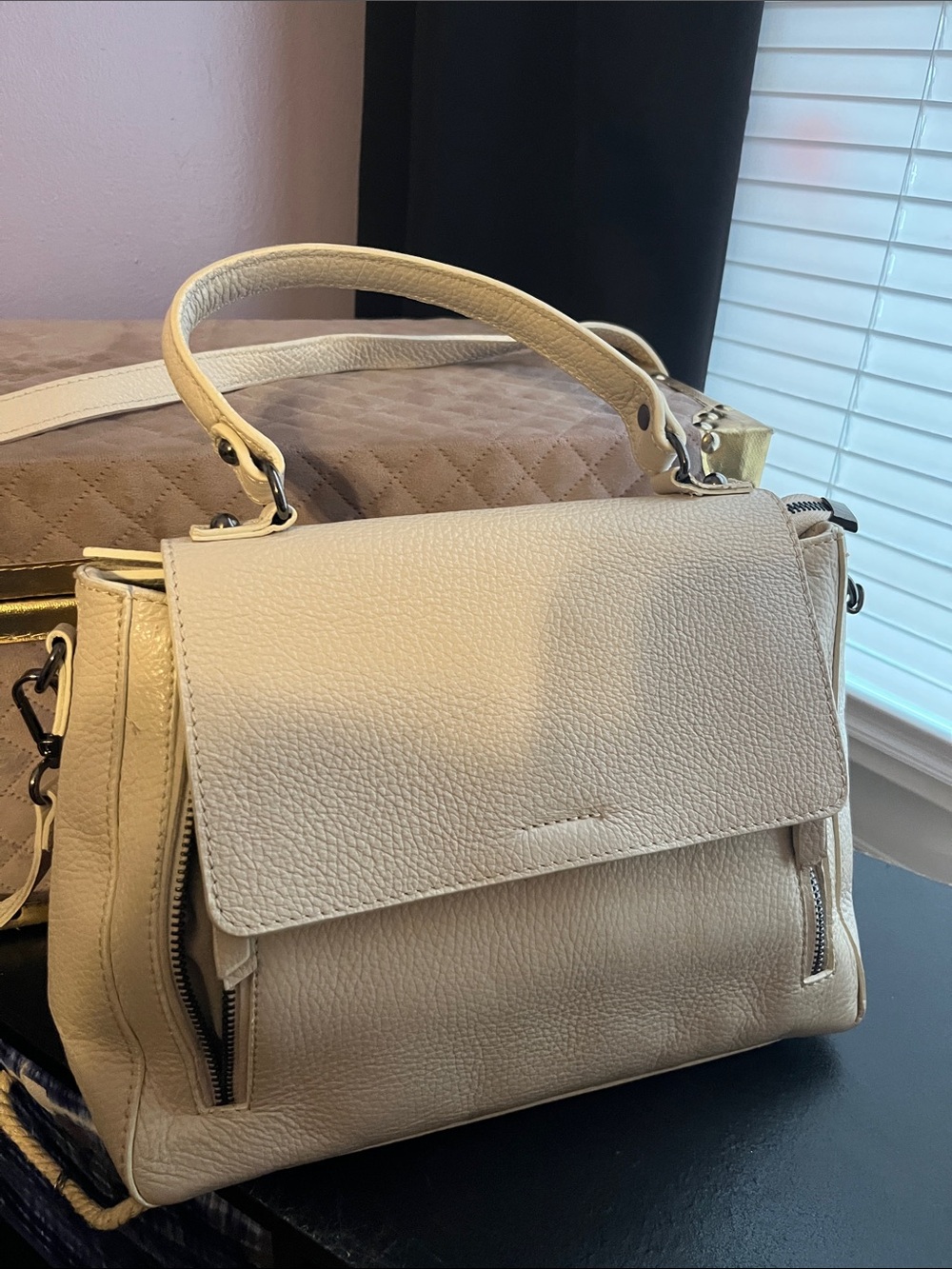 Cream Leather Top-Handle Women's Bag